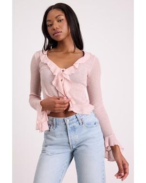 Lulus Casley Blush Ruffled Button-Front Sweater Knit Top - Pink