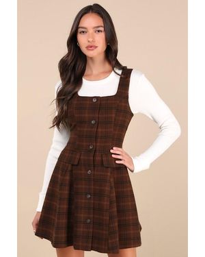 Lulus Autumn Approach Plaid Sleeveless Button-Up Mini Dress - Brown