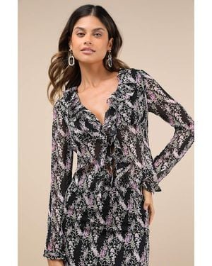 En Saison Anai Floral Print Ruffled Tie-Front Long Sleeve Top - Black