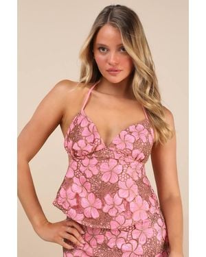 Lulus Quintessa Floral Crochet Lace Backless Halter Top - Pink