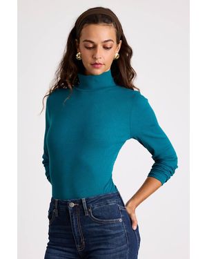 Lulus Basics Wilde Ribbed Long Sleeve Mock Neck Bodysuit - Blue