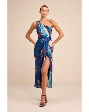 Lulus Rhema Multi Abstract Print Satin Midi Dress - Blue