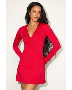 Lulus Caylis Ruched Long Sleeve Cutout Mini Dress - Red