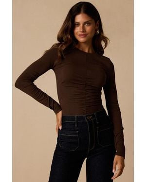 Lulus Casual Energy Dark Ruched Long Sleeve Crew Neck Top - Black
