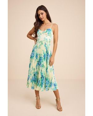 Lulus Francette Floral Satin Pleated Midi Dress - Blue
