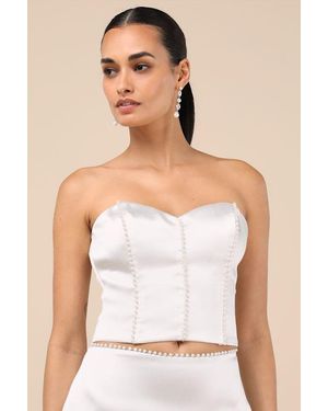 Lulus Megan Satin Pearl Strapless Crop Top - White