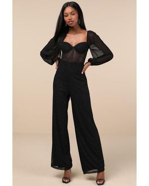 Lulus Magnetic Glamour Balloon Sleeve Mesh Bustier Jumpsuit - Black