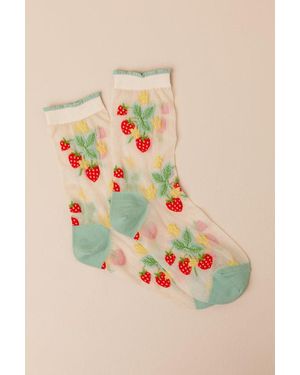 Hansel From Basel Wild Strawberry And Sheer Embroidered Socks - Natural