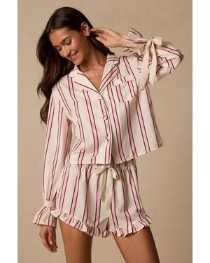 Lulus Kelda Cream Striped Satin Ruffled Two-Piece Pyjama Set - Pink