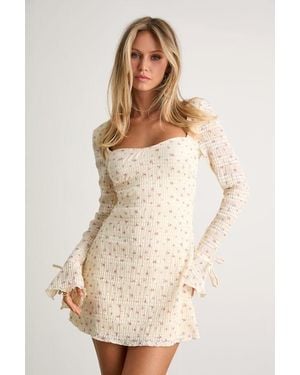 Lulus Ornella Cream Floral Textured Long Sleeve Mini Dress - Natural