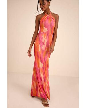 Lulus Adriel Multi Abstract Mesh Halter Mermaid Maxi Dress - Red