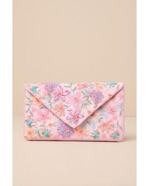 Lulus Beautiful Aspirations Floral Sequin Beaded Clutch - Pink