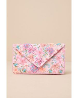 Lulus Beautiful Aspirations Floral Sequin Beaded Clutch - Pink