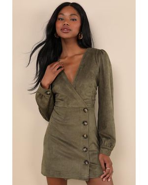 Lulus Chicest Aura Suede Surplice Long Sleeve Mini Dress - Green