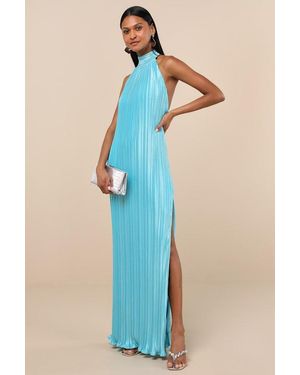 Lulus Gwenny Aqua Satin Plisse Maxi Dress - Blue