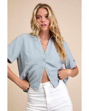 Lulus Summer Escapades Linen Collared Button-Up Top - Blue