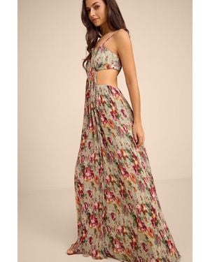 Lulus Alara Sage Floral Pleated Cutout Maxi Dress - Natural