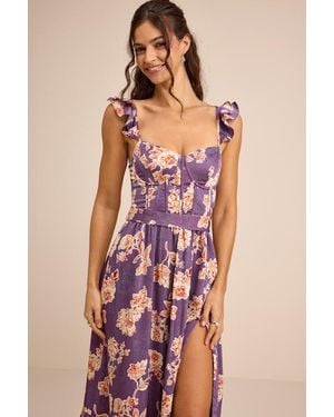 Lulus Sweet Like Sangria Floral Ruffled Bustier Midi Dress - Purple