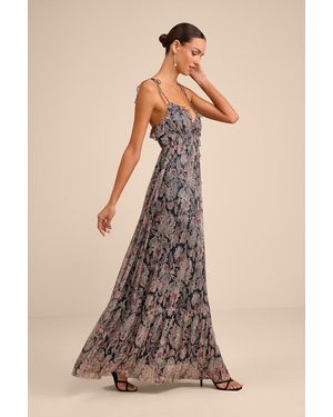 Lulus Teomara Paisley Print Lurex Tie-Strap Maxi Dress - Natural