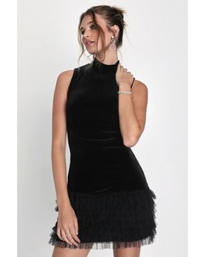 Lulus Lavish Objective Velvet Mock Neck Ruffled Mini Dress - Black
