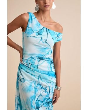 Lulus Jojo Marbled Ruched One-Shoulder Maxi Dress - Blue