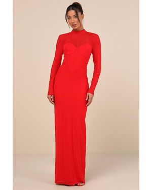 Lulus Sensational Appeal Mesh Cutout Long Sleeve Maxi Dress - Red