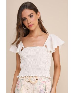 Lulus Sweetest Impact Linen Flutter Sleeve Smocked Top - Natural