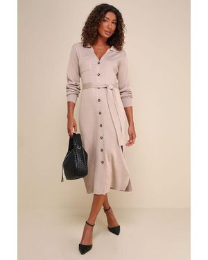 Lulus Charming Comfort Collared Button-Up Sweater Dress - Natural