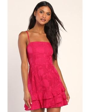 Lulus Days With You Floral Burnout Ruffled Mini Dress - Red
