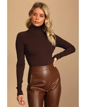 Lulus Basics Wilde Dark Ribbed Long Sleeve Mock Neck Bodysuit - Brown