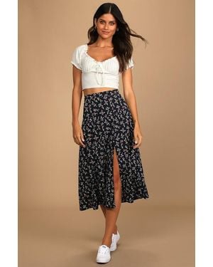 Lulus Bliss Me Floral Print Midi Skirt - Blue