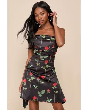 Rare London Truly Refined Rose Print Satin Strapless Mini Dress - Black