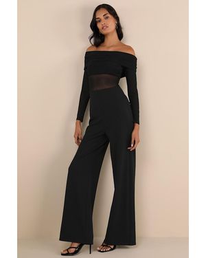 Lulus Sultry Statement Mesh Ruched Off-The-Shoulder Jumpsuit - Blue