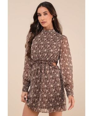 Lulus Autumn Bliss Floral Print Long Sleeve Cutout Mini Dress - Brown
