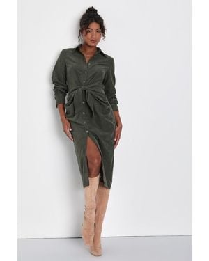 Lulus Autumnal Views Suede Button-Up Tie-Front Midi Dress - Green