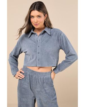 Native Youth Hayter Slate Corduroy Cropped Long Sleeve Button-Up Top - Blue