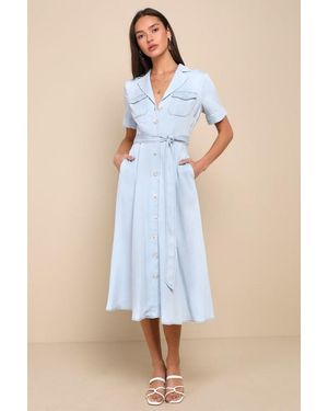 Lulus Pleasant Cutie Chambray Collared Midi Dress With Pockets - Blue