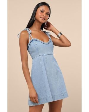 Lulus Kamda Light Wash Denim Tie-Strap Mini Dress - Blue