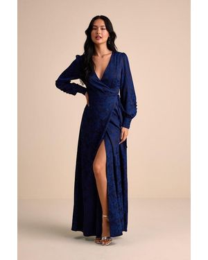 Lulus Maryn Satin Jacquard Wrap Maxi Dress - Blue