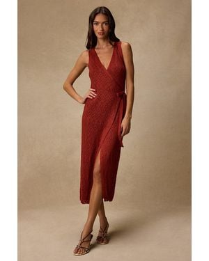 Lulus Livia Pointelle Knit Wrap Midi Dress - Red