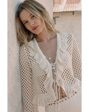 Lulus Izara Cream Crochet Knit Tie-Front Long Sleeve Top - Natural