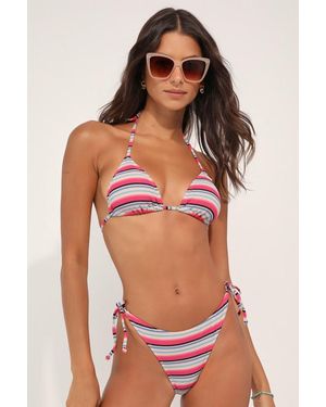 Roxy Paraiso Stripe Tiki Side-Tie Cheeky Bikini Bottoms - Red