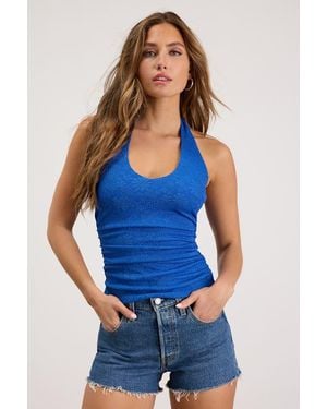 Lulus Emelina Floral Jacquard Halter Top - Blue