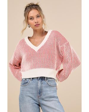 Lulus Attractively Cosy Striped V-Neck Pullover Jumper - Pink