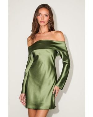 Lulus Luxurious Vision Satin Off-The-Shoulder Mini Dress - Green