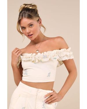 Lulus Rowena Cream Embroidered Ruffled Crop Top - Natural