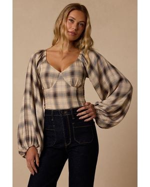 Lulus Quentin Cream Plaid Puff Sleeve Top - Brown