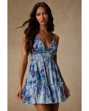 Lulus Signature Sweetie Floral Smocked Tie-Back Mini Dress - Blue