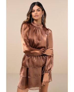 Lulus Ideal Behavior Bronze Metallic Backless Tiered Mini Dress - Brown