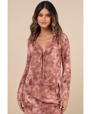 Glamorous Ethereal Aesthetic Abstract Tie-Front Long Sleeve Top - Pink